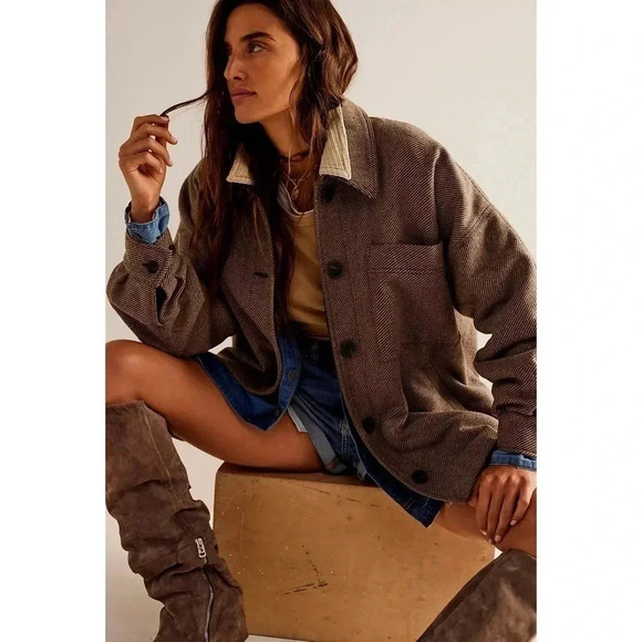 NWT Free People Jessica Shirt Jacket Coat Brown Black Peacoat Slouchy Wool Blend - Picture 1 of 6